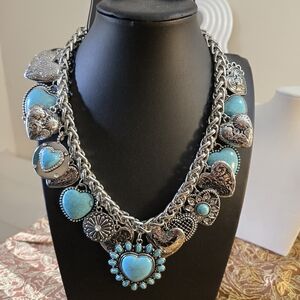 Turquoise Heart Statement Necklace - Silver Tone Women’s Jewelry